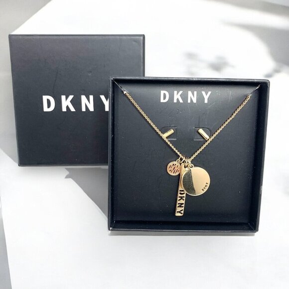 Dkny Gold Tone Necklace & Earrings Set 16" With 3" Extender NWT - Picture 1 of 11